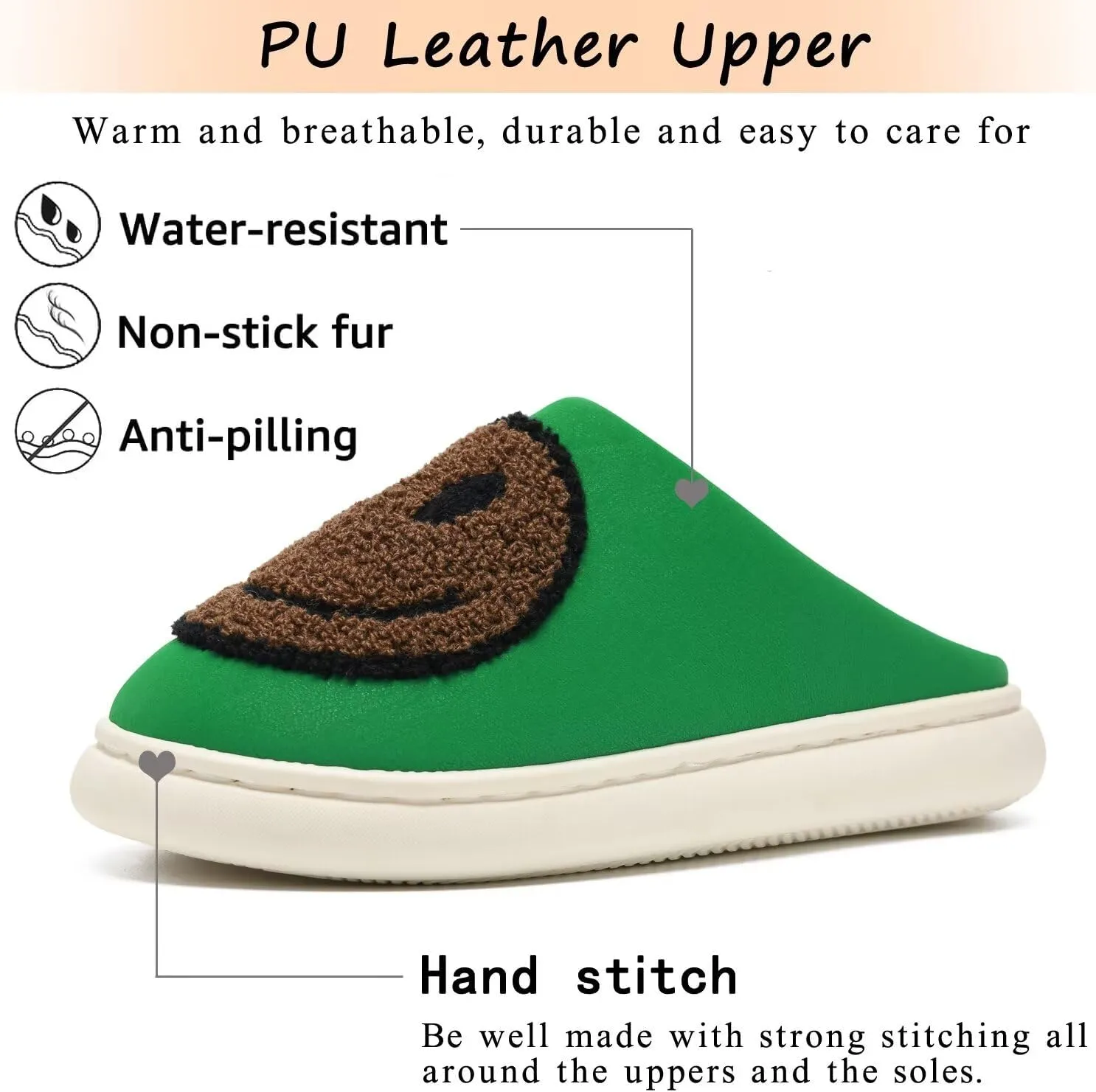 Giom 【New】 Soft Pu Leather Smiling Face Slippers for Women and Men, Retro Happy Face Slippers Big Size, Cozy Warm House Slippers, Slip-On Family Bedroom Slides, Winter Indoor Outdoor Slippers