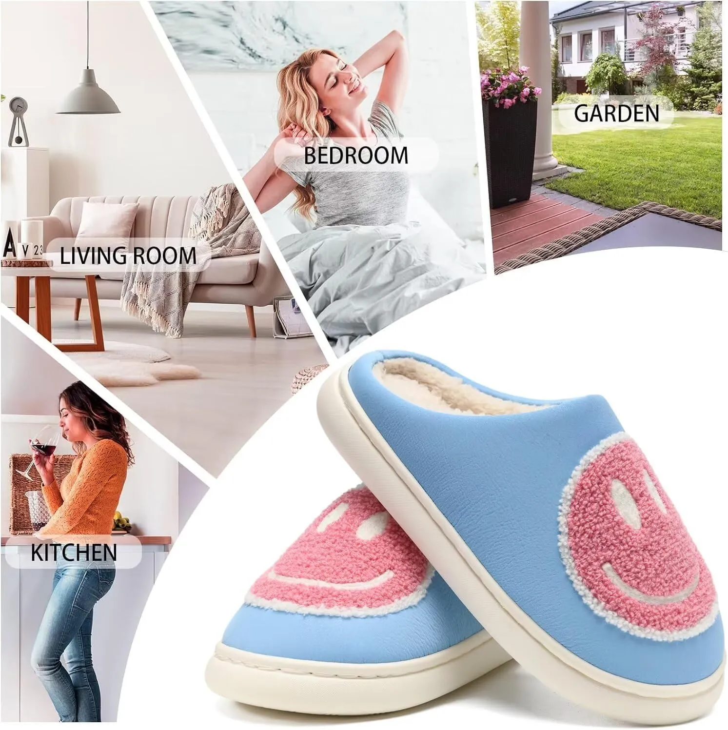 Giom 【New】 Soft Pu Leather Smiling Face Slippers for Women and Men, Retro Happy Face Slippers Big Size, Cozy Warm House Slippers, Slip-On Family Bedroom Slides, Winter Indoor Outdoor Slippers