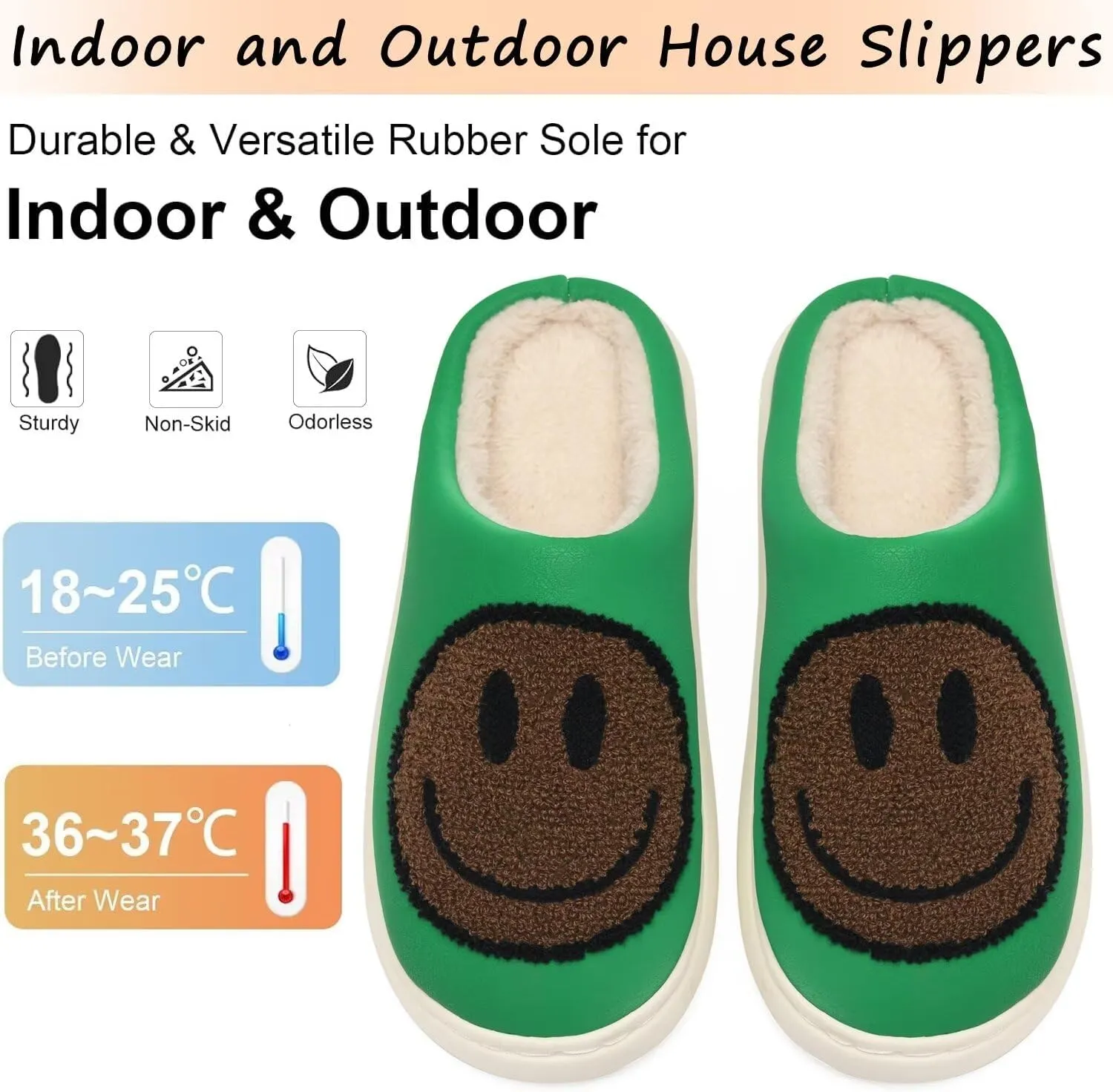 Giom 【New】 Soft Pu Leather Smiling Face Slippers for Women and Men, Retro Happy Face Slippers Big Size, Cozy Warm House Slippers, Slip-On Family Bedroom Slides, Winter Indoor Outdoor Slippers