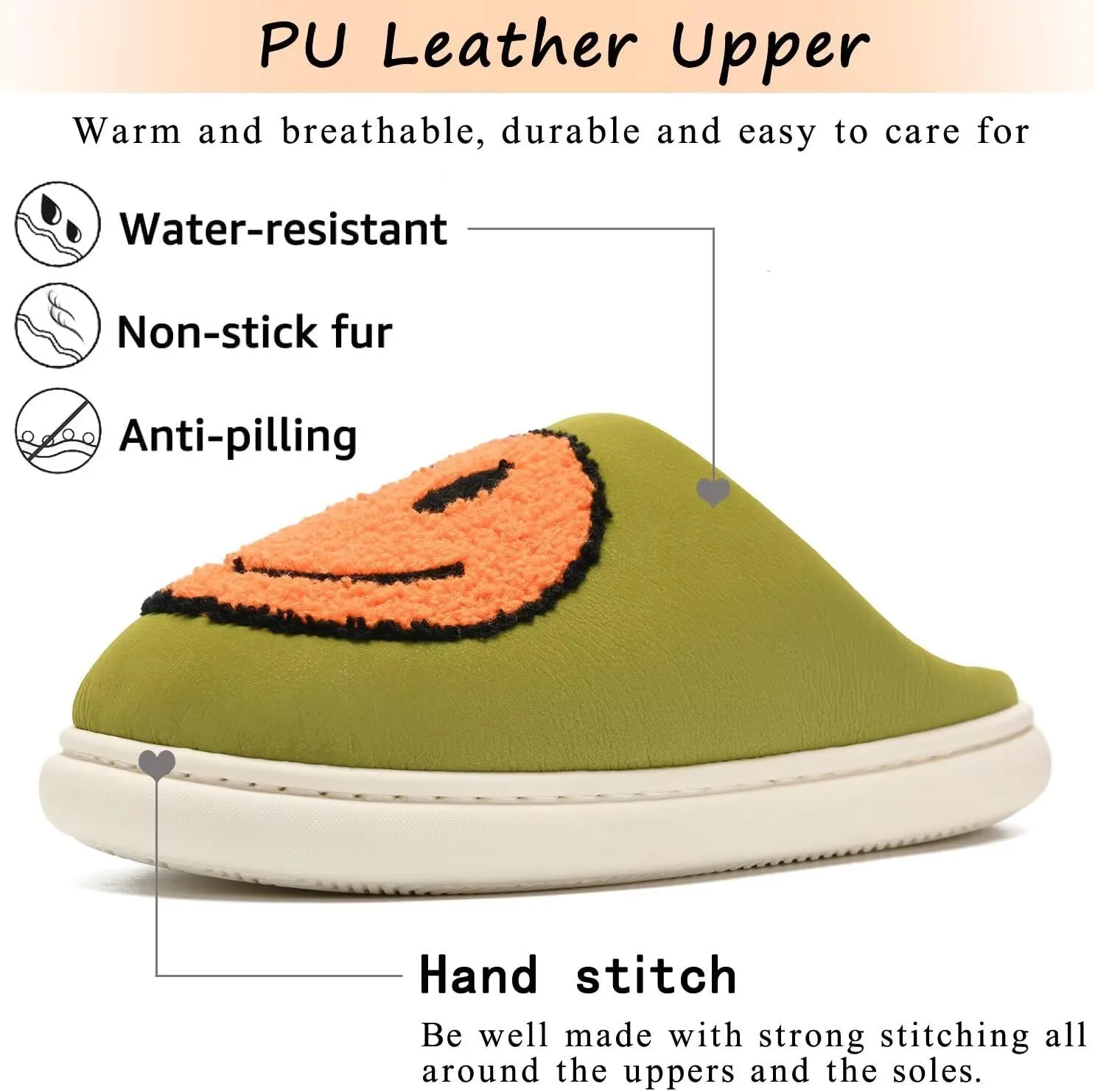 Giom 【New】 Soft Pu Leather Smiling Face Slippers for Women and Men, Retro Happy Face Slippers Big Size, Cozy Warm House Slippers, Slip-On Family Bedroom Slides, Winter Indoor Outdoor Slippers