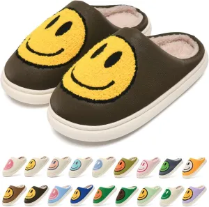 Giom 【New】 Soft Pu Leather Smiling Face Slippers for Women and Men, Retro Happy Face Slippers Big Size, Cozy Warm House Slippers, Slip-On Family Bedroom Slides, Winter Indoor Outdoor Slippers