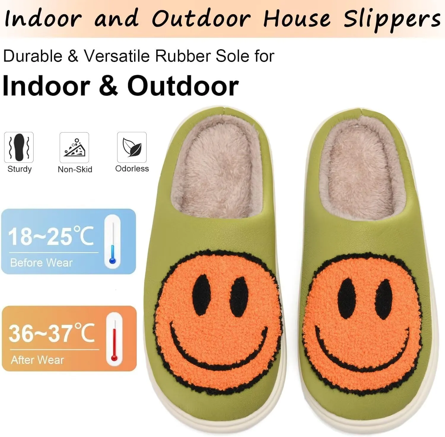 Giom 【New】 Soft Pu Leather Smiling Face Slippers for Women and Men, Retro Happy Face Slippers Big Size, Cozy Warm House Slippers, Slip-On Family Bedroom Slides, Winter Indoor Outdoor Slippers