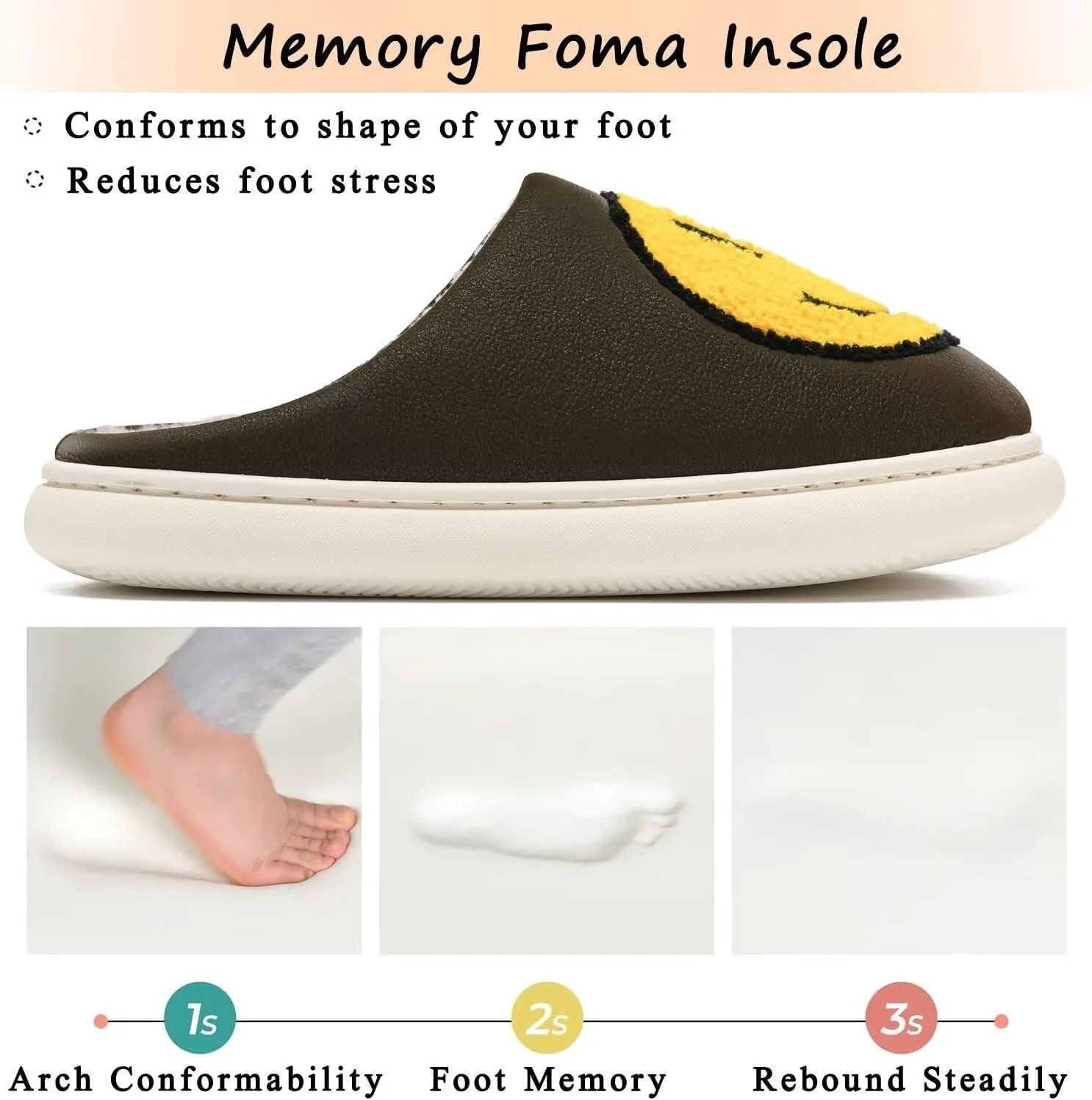 Giom 【New】 Soft Pu Leather Smiling Face Slippers for Women and Men, Retro Happy Face Slippers Big Size, Cozy Warm House Slippers, Slip-On Family Bedroom Slides, Winter Indoor Outdoor Slippers