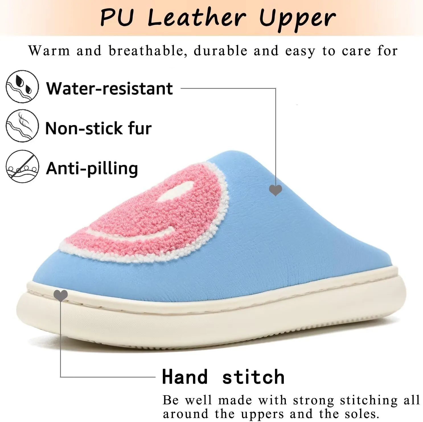 Giom 【New】 Soft Pu Leather Smiling Face Slippers for Women and Men, Retro Happy Face Slippers Big Size, Cozy Warm House Slippers, Slip-On Family Bedroom Slides, Winter Indoor Outdoor Slippers