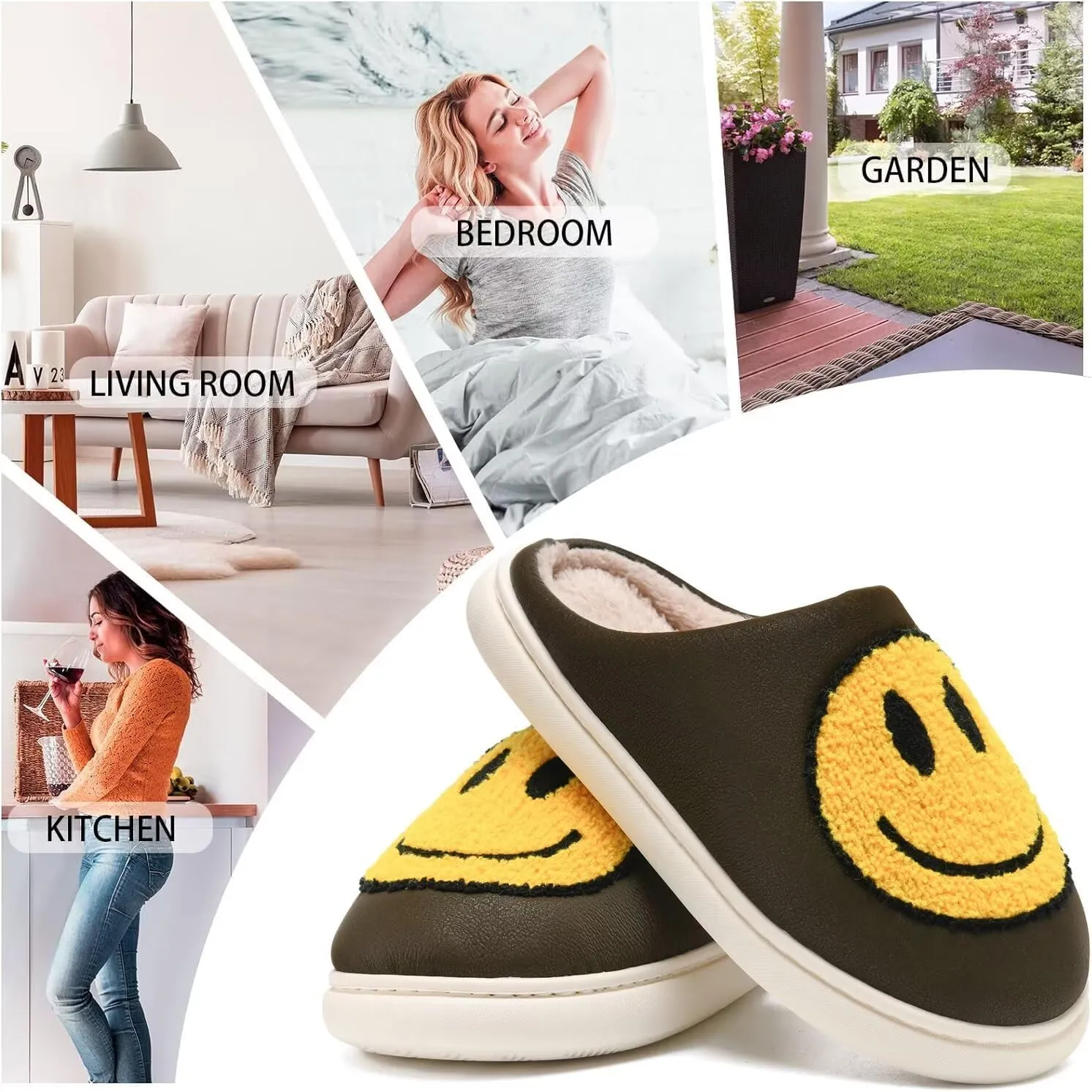 Giom 【New】 Soft Pu Leather Smiling Face Slippers for Women and Men, Retro Happy Face Slippers Big Size, Cozy Warm House Slippers, Slip-On Family Bedroom Slides, Winter Indoor Outdoor Slippers