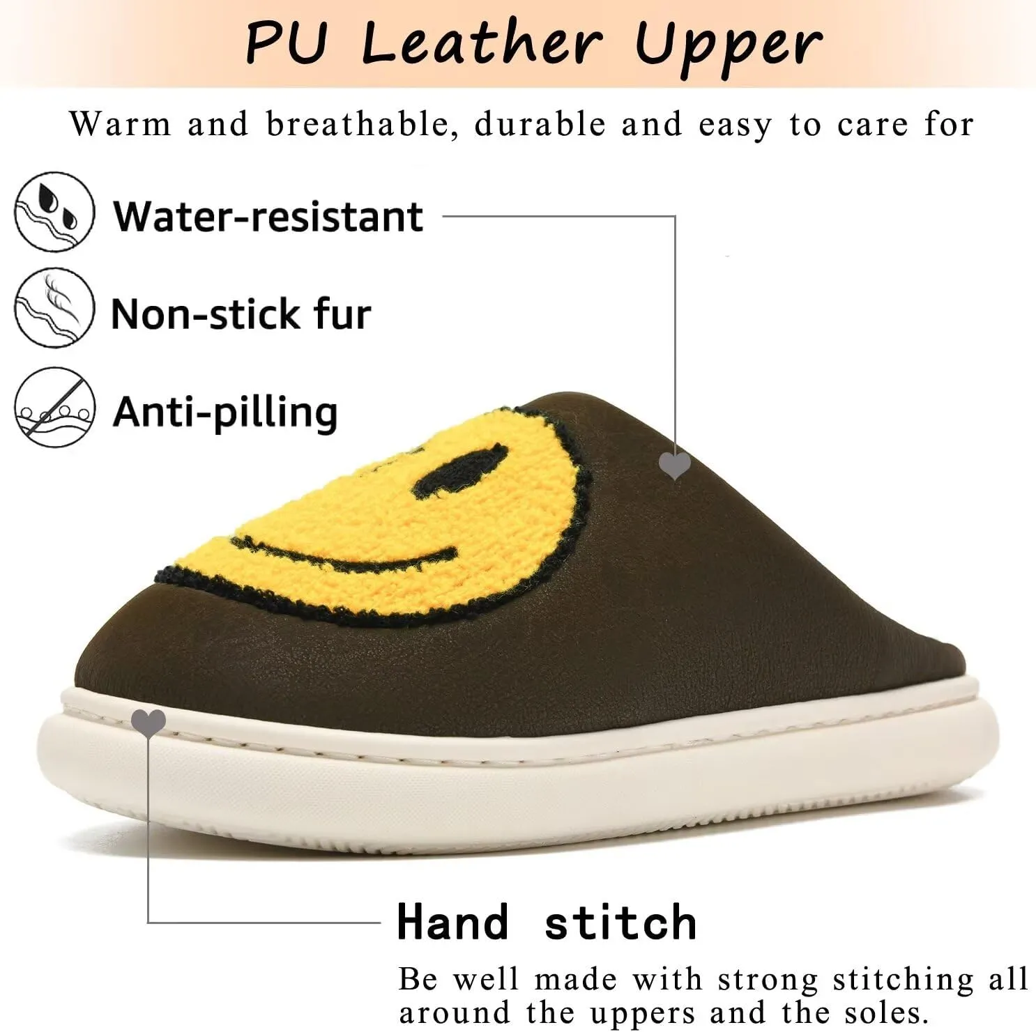 Giom 【New】 Soft Pu Leather Smiling Face Slippers for Women and Men, Retro Happy Face Slippers Big Size, Cozy Warm House Slippers, Slip-On Family Bedroom Slides, Winter Indoor Outdoor Slippers