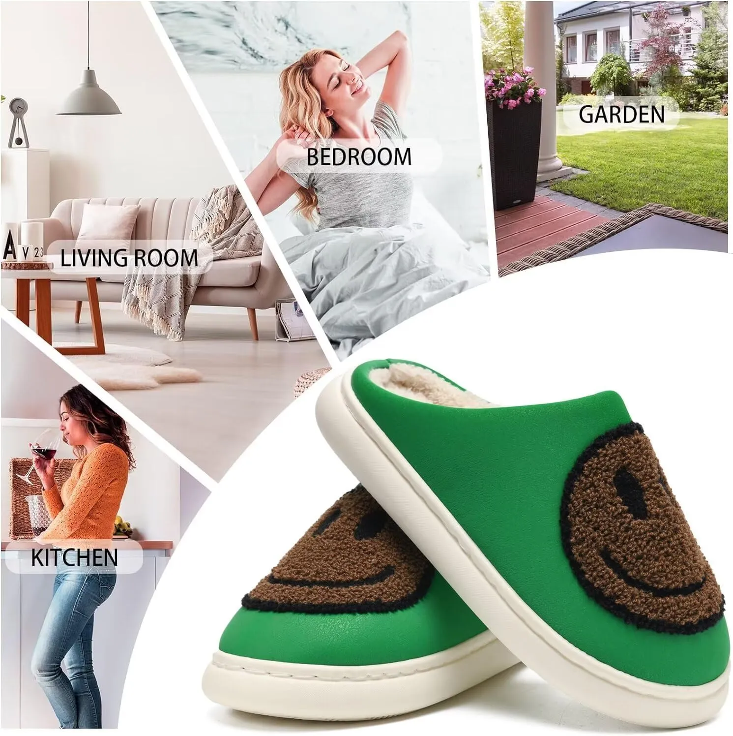 Giom 【New】 Soft Pu Leather Smiling Face Slippers for Women and Men, Retro Happy Face Slippers Big Size, Cozy Warm House Slippers, Slip-On Family Bedroom Slides, Winter Indoor Outdoor Slippers