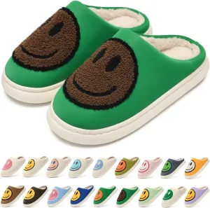 Giom 【New】 Soft Pu Leather Smiling Face Slippers for Women and Men, Retro Happy Face Slippers Big Size, Cozy Warm House Slippers, Slip-On Family Bedroom Slides, Winter Indoor Outdoor Slippers