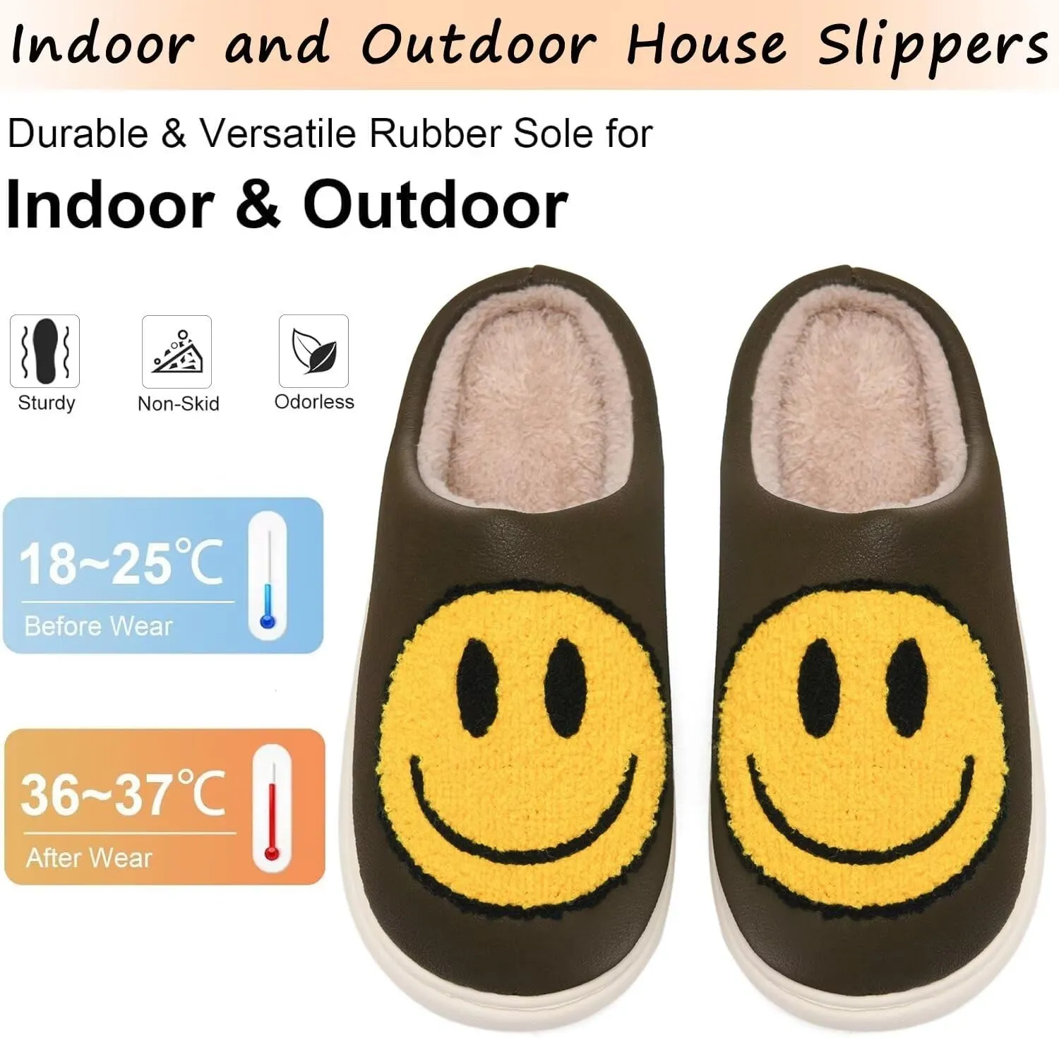 Giom 【New】 Soft Pu Leather Smiling Face Slippers for Women and Men, Retro Happy Face Slippers Big Size, Cozy Warm House Slippers, Slip-On Family Bedroom Slides, Winter Indoor Outdoor Slippers