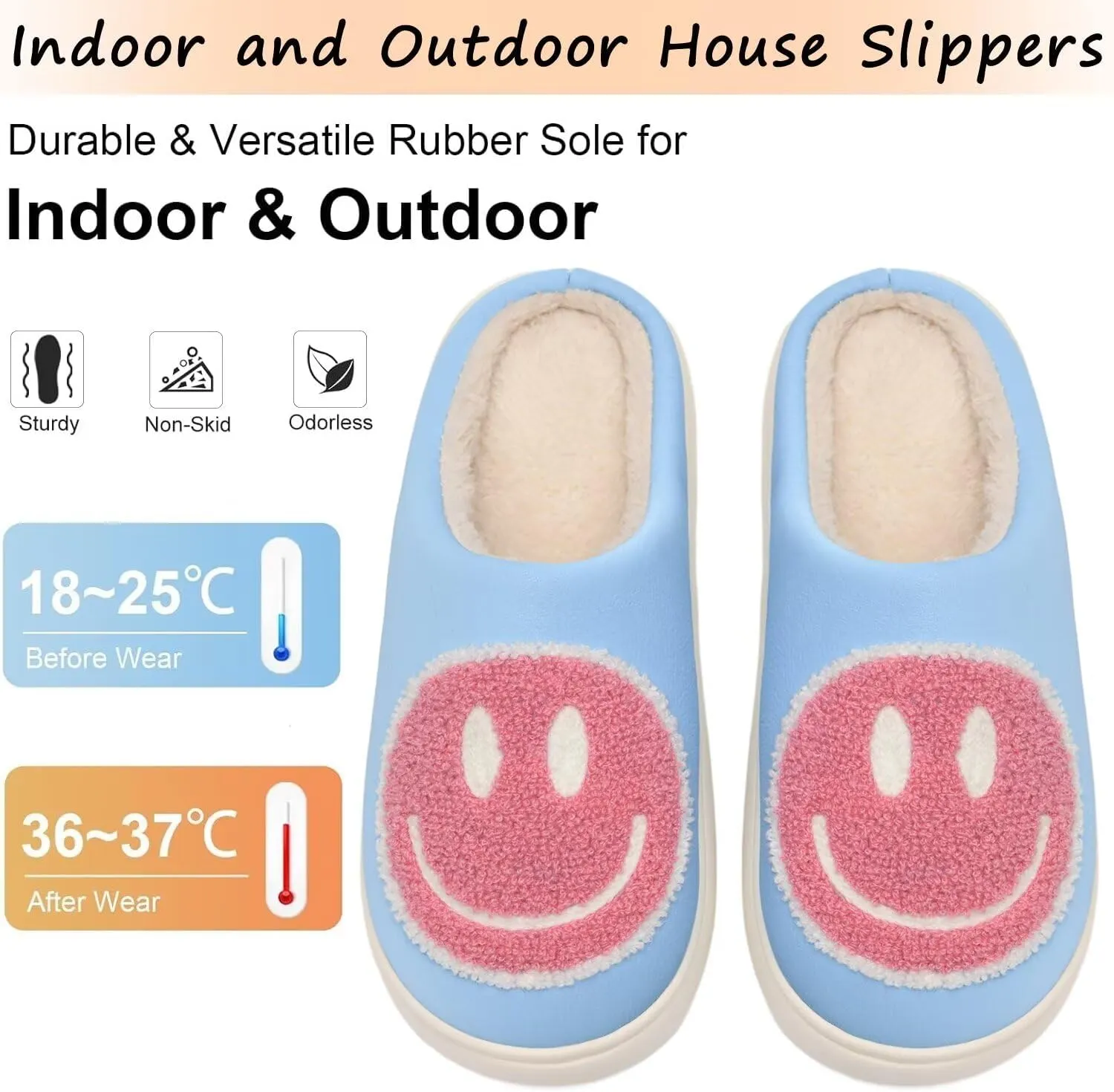 Giom 【New】 Soft Pu Leather Smiling Face Slippers for Women and Men, Retro Happy Face Slippers Big Size, Cozy Warm House Slippers, Slip-On Family Bedroom Slides, Winter Indoor Outdoor Slippers