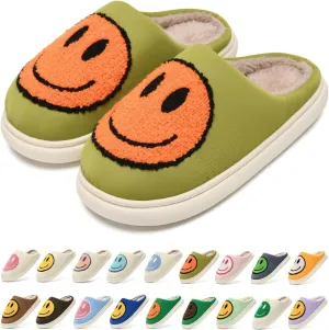 Giom 【New】 Soft Pu Leather Smiling Face Slippers for Women and Men, Retro Happy Face Slippers Big Size, Cozy Warm House Slippers, Slip-On Family Bedroom Slides, Winter Indoor Outdoor Slippers