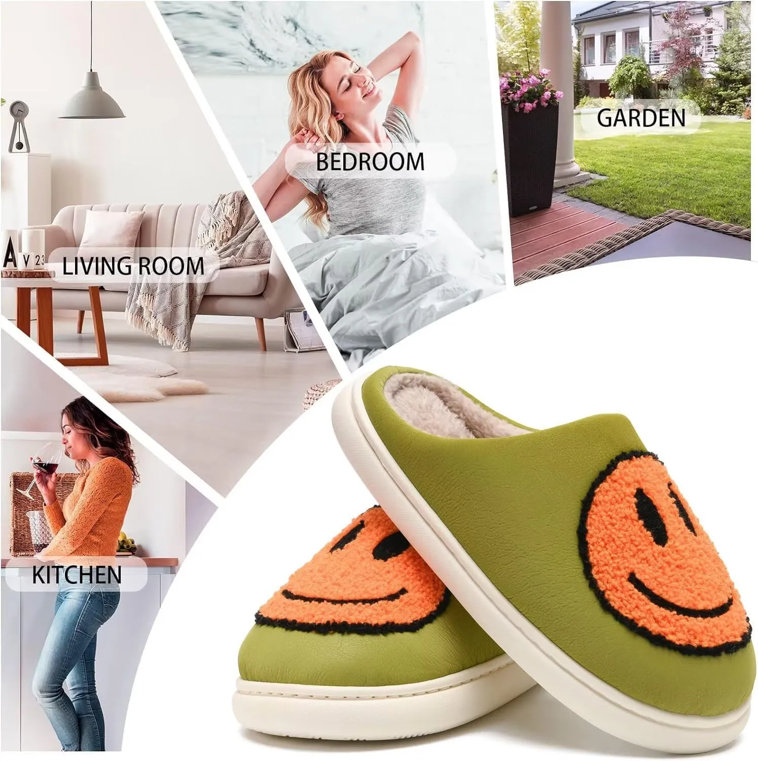 Giom 【New】 Soft Pu Leather Smiling Face Slippers for Women and Men, Retro Happy Face Slippers Big Size, Cozy Warm House Slippers, Slip-On Family Bedroom Slides, Winter Indoor Outdoor Slippers