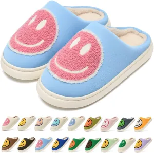 Giom 【New】 Soft Pu Leather Smiling Face Slippers for Women and Men, Retro Happy Face Slippers Big Size, Cozy Warm House Slippers, Slip-On Family Bedroom Slides, Winter Indoor Outdoor Slippers
