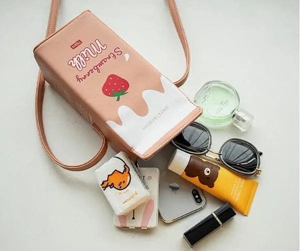 Girls Fruits Banana Strawberry Milk Box CrossBody Small Purse Bag Women Phone Wallet Handbag Shoulder Bags