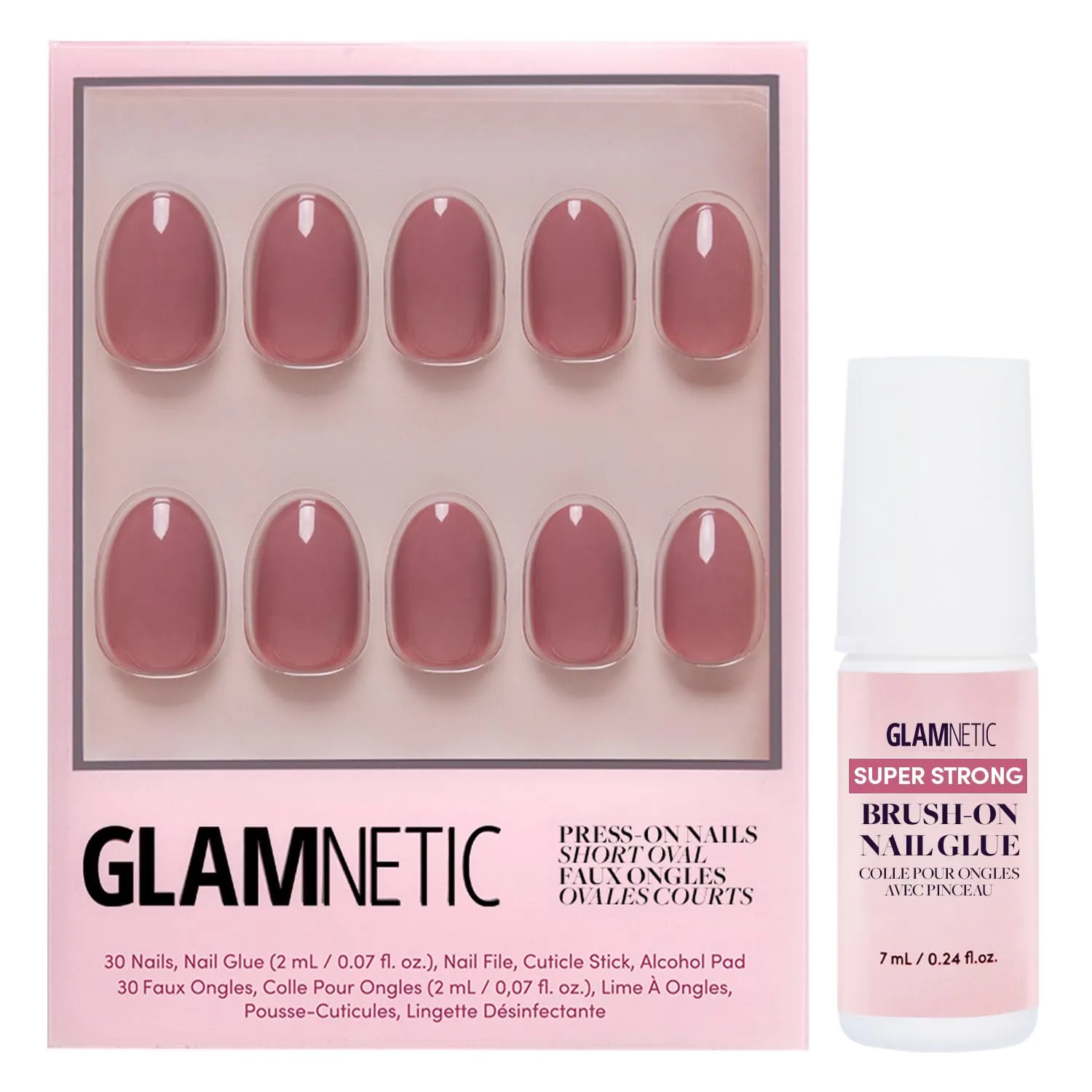Glamnetic Press On Nails & Brush On Nail Glue Bundle - Fall Mauve | Opaque Muted Blush Mauve Short Oval False Nails, Reusable | Super Strong Nail Glue | Mess-Free, Durable & Long-Lasting