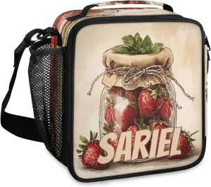 Glass Jar Strawberries Personalized Lunch Bag Insulated Leak Proof Lunch Box Vintage Fruit Reusable Tote Bag Organizer for Men Women with Adjustable Shoulder Strap