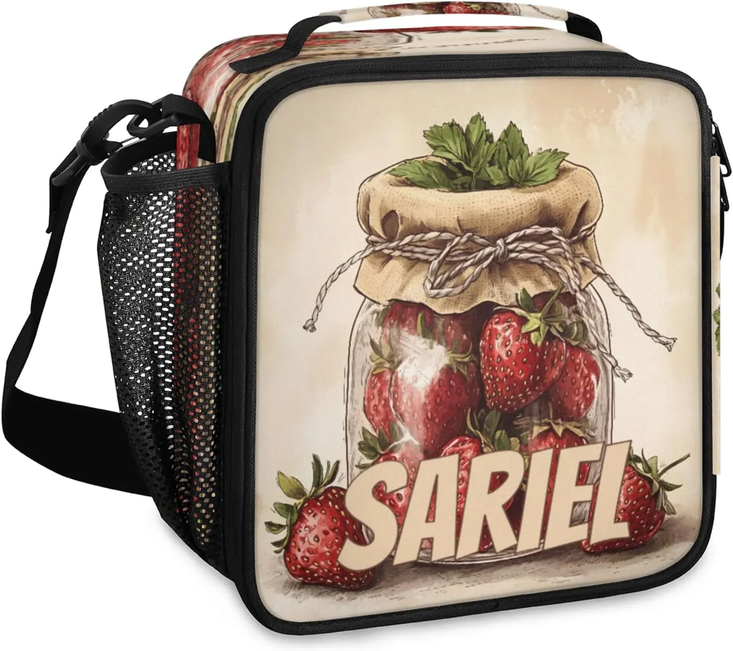 Glass Jar Strawberries Personalized Lunch Bag Insulated Leak Proof Lunch Box Vintage Fruit Reusable Tote Bag Organizer for Men Women with Adjustable Shoulder Strap