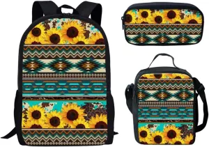 GLENLCWE Native American Aztec Sunflower Print Kids Backpack for School Boys Girls Bookbag with Insulated Lunchbox Pencil Bag Lightweight 3Pcs Backpack Combo Kit