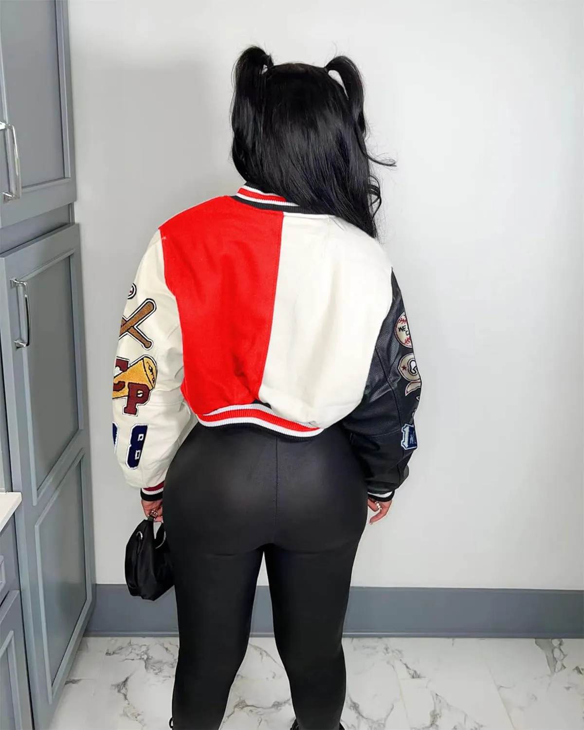 Glitrandi Varsity Jacket Women with Patches Print Cropped Bomber Leather Jacket Women 2025 S-XXL