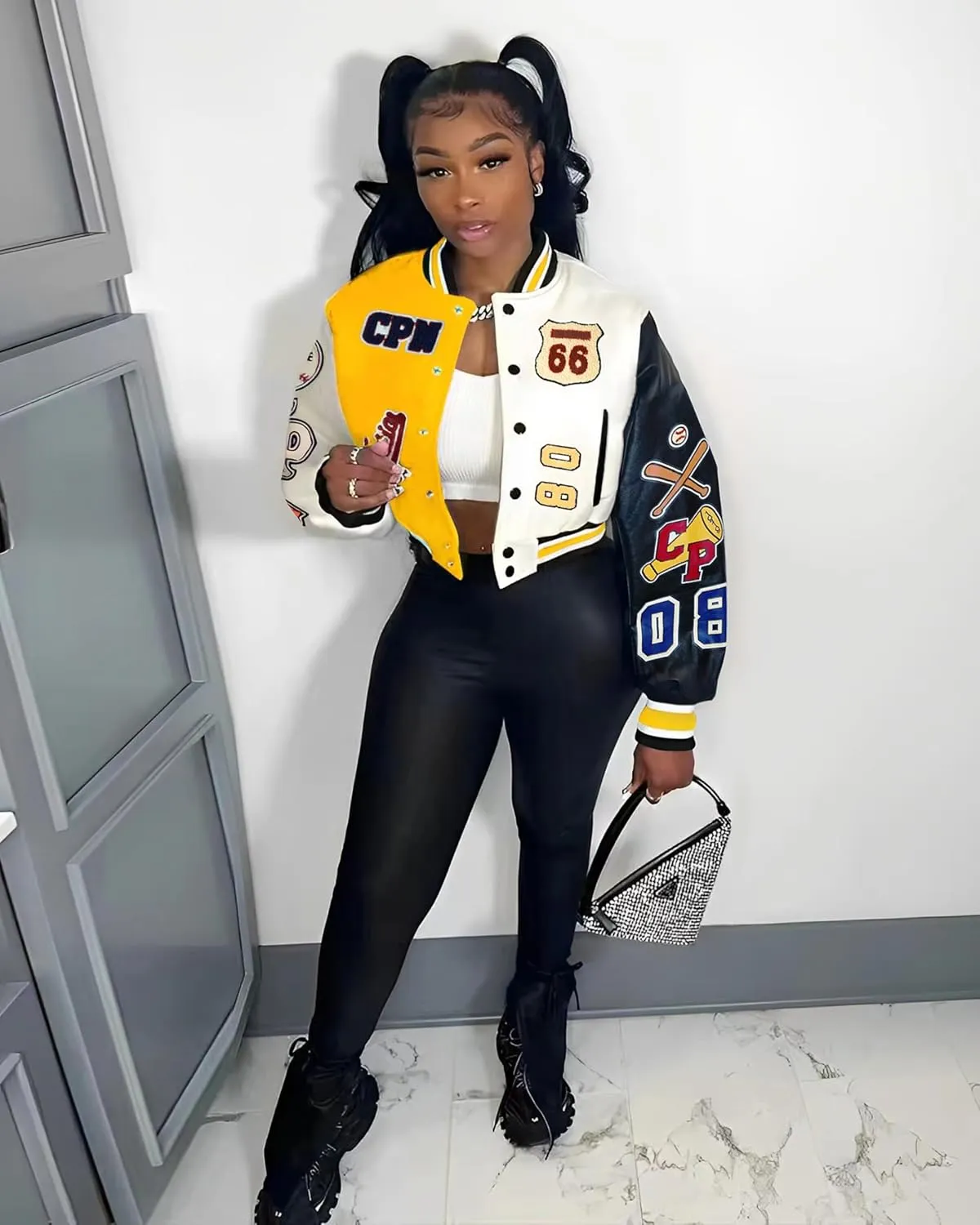 Glitrandi Varsity Jacket Women with Patches Print Cropped Bomber Leather Jacket Women 2025 S-XXL