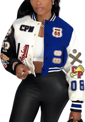 Glitrandi Varsity Jacket Women with Patches Print Cropped Bomber Leather Jacket Women 2025 S-XXL