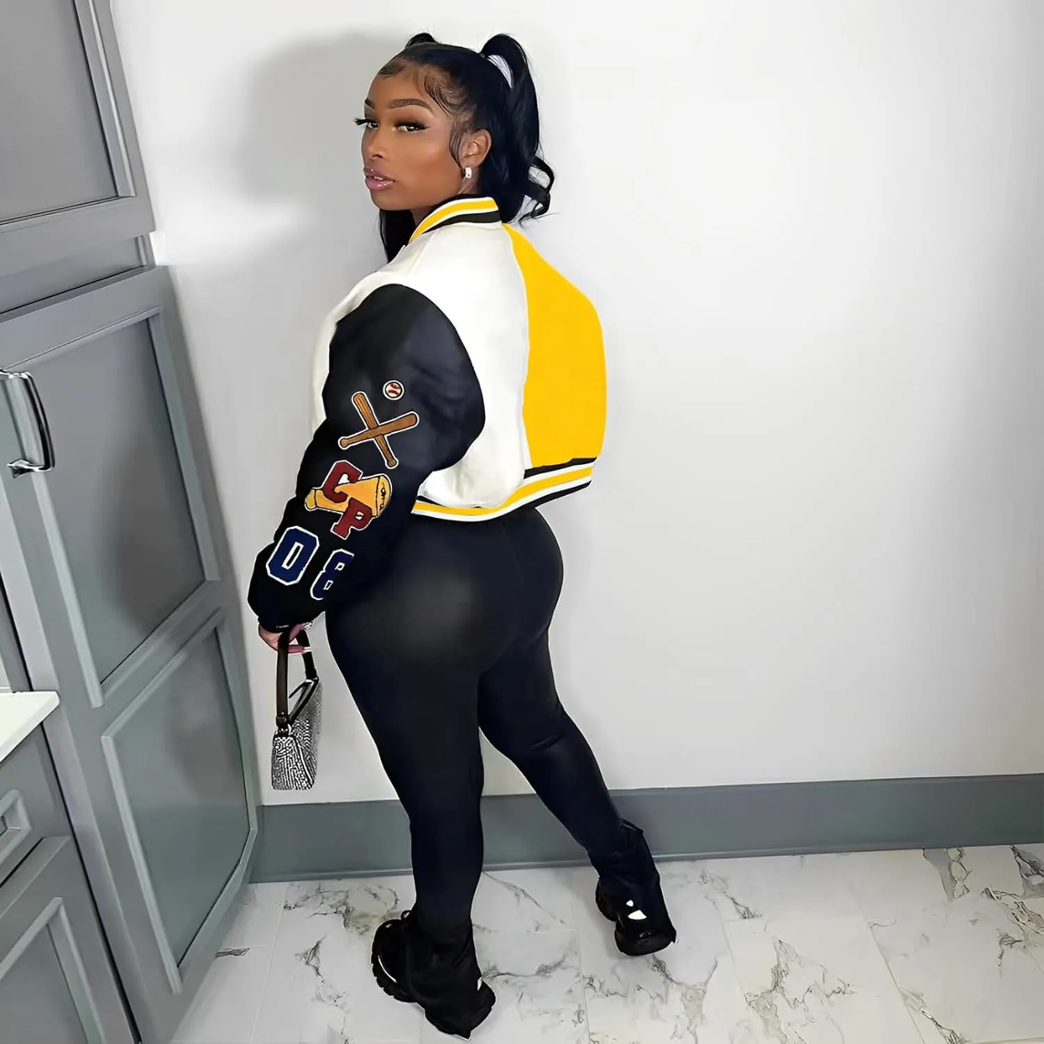 Glitrandi Varsity Jacket Women with Patches Print Cropped Bomber Leather Jacket Women 2025 S-XXL