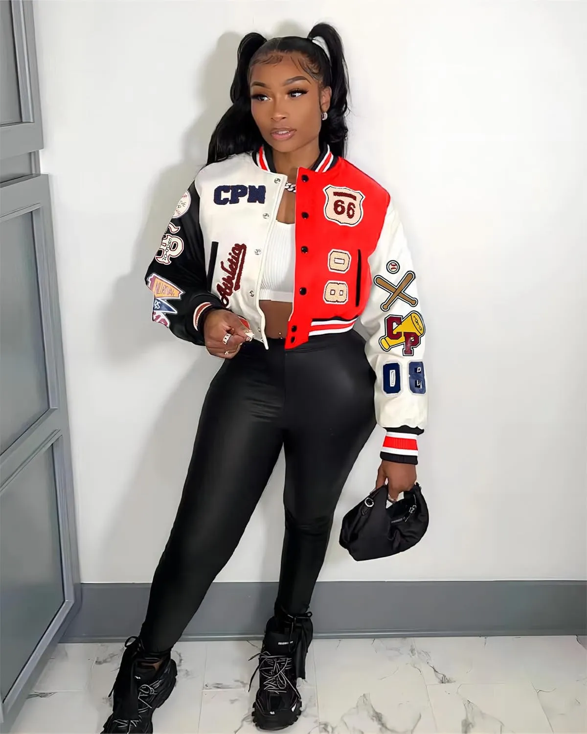Glitrandi Varsity Jacket Women with Patches Print Cropped Bomber Leather Jacket Women 2025 S-XXL
