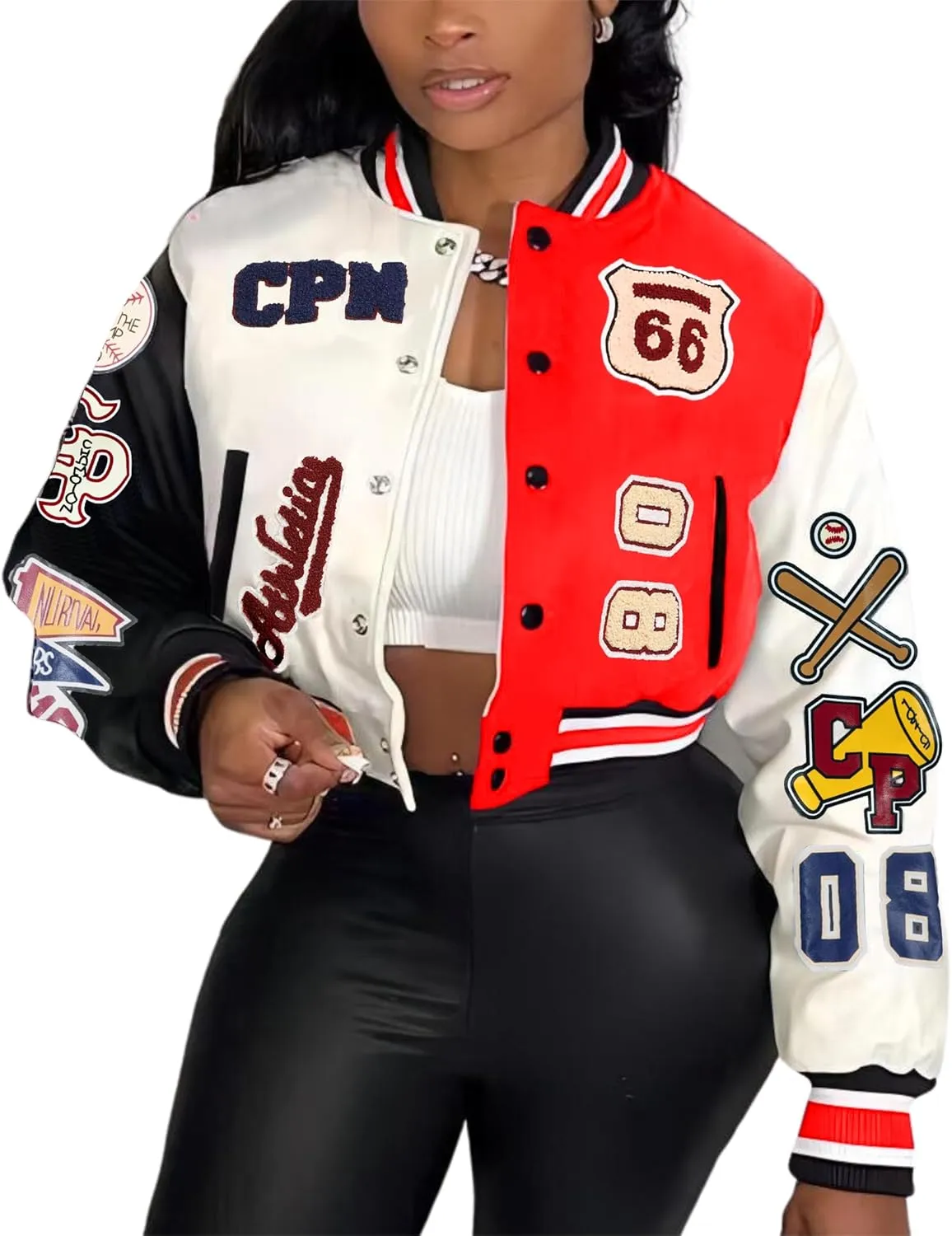Glitrandi Varsity Jacket Women with Patches Print Cropped Bomber Leather Jacket Women 2025 S-XXL