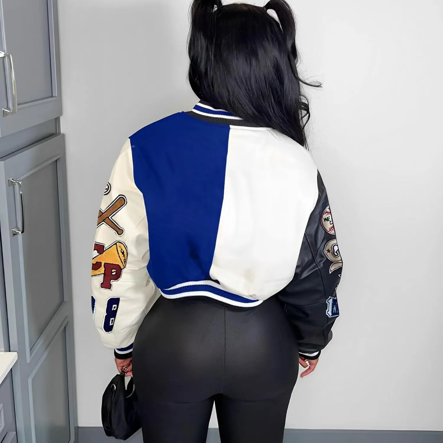 Glitrandi Varsity Jacket Women with Patches Print Cropped Bomber Leather Jacket Women 2025 S-XXL