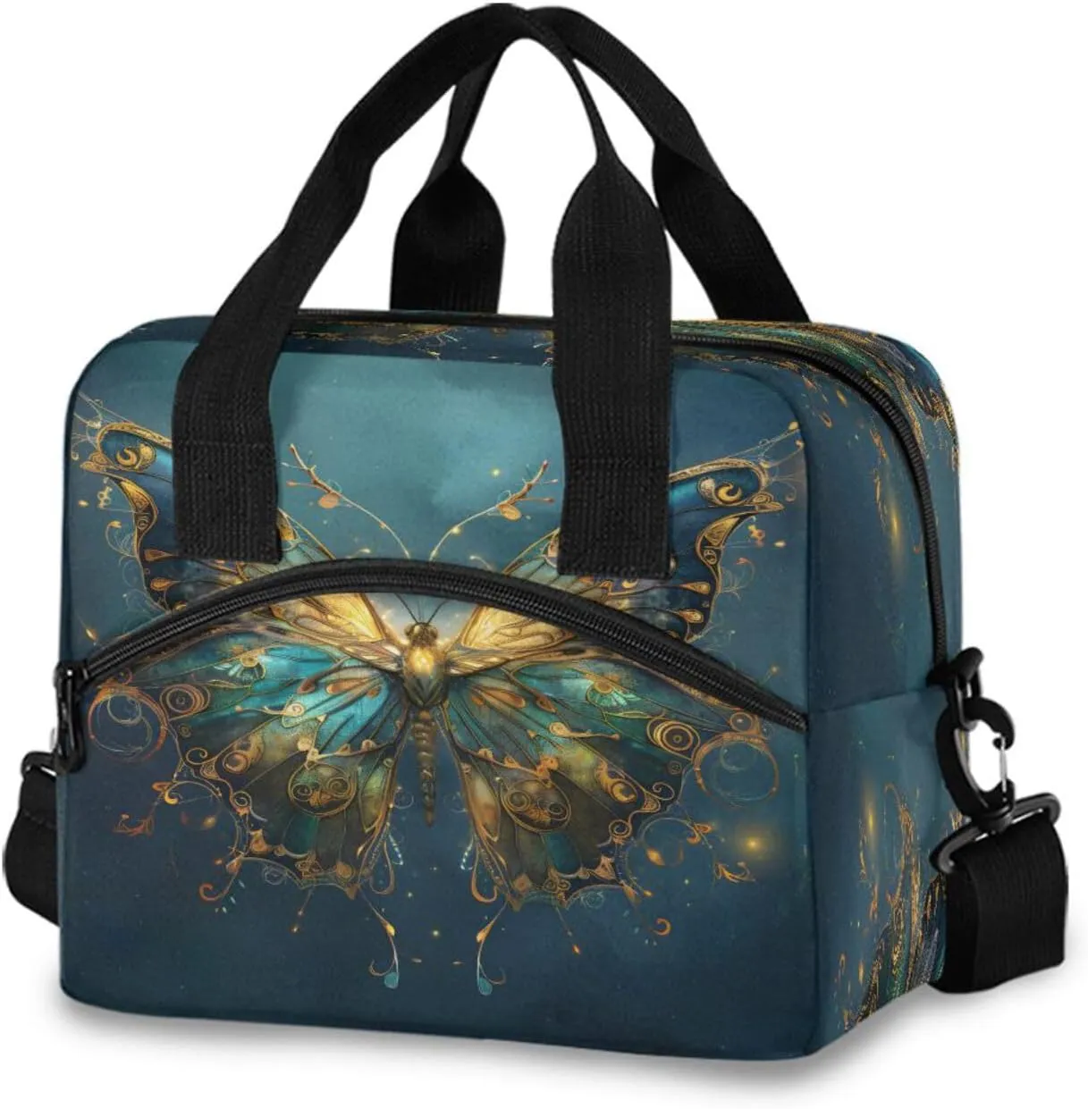 Glowing Butterflies Blue Lunch Box for Men Women Adults Insulated Lunch Bag Cooler Bag with Adjustable Shoulder Strap for Work Picnic Travel