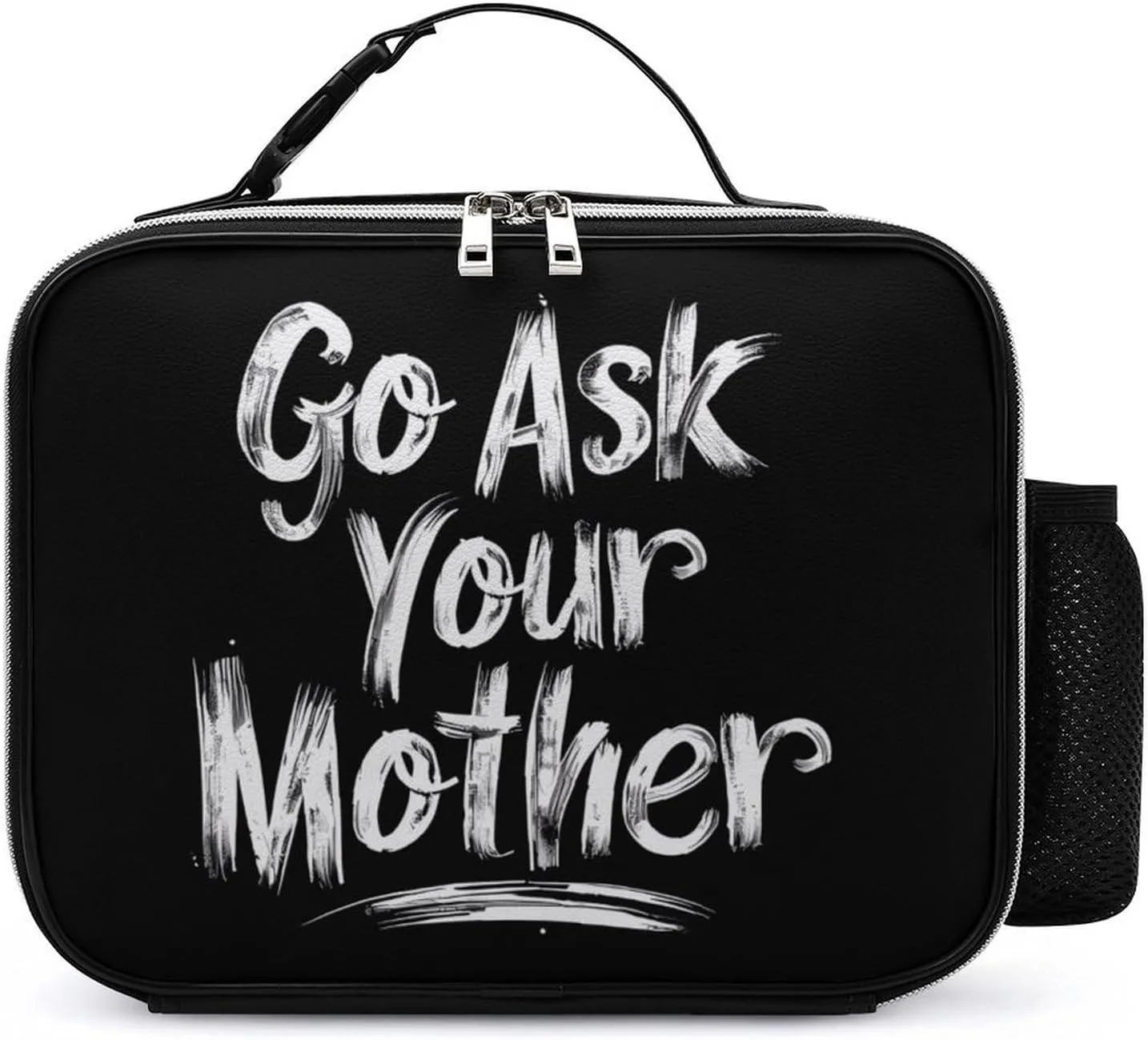 Go Ask Your Mother Insulated Lunch Box Container Portable Leather Meal Tote Bag with Detachable Buckled Handle for Unisex