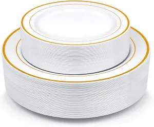 Gold Plastic Plates, MCIRCO 100 Pieces Disposable Party Plates for Weddings, Premium Gold Rim Plates, Include 50 10.25 Inch Dinner Plates and 50 7.5 Inch Dessert Appetizer Plates