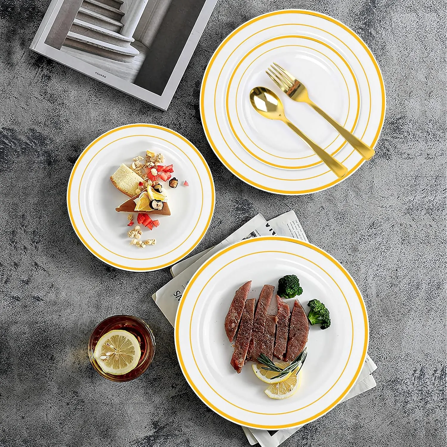 Gold Plastic Plates, MCIRCO 100 Pieces Disposable Party Plates for Weddings, Premium Gold Rim Plates, Include 50 10.25 Inch Dinner Plates and 50 7.5 Inch Dessert Appetizer Plates
