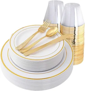 Gold Plates & Plastic Silverware & Gold Cups, Disposable Dinnerware 150 Pieces Includes: 25 Dinner Plates, 25 Dessert Plates, 25 Tumblers, 25 Forks, 25 Knives, 25 Spoons