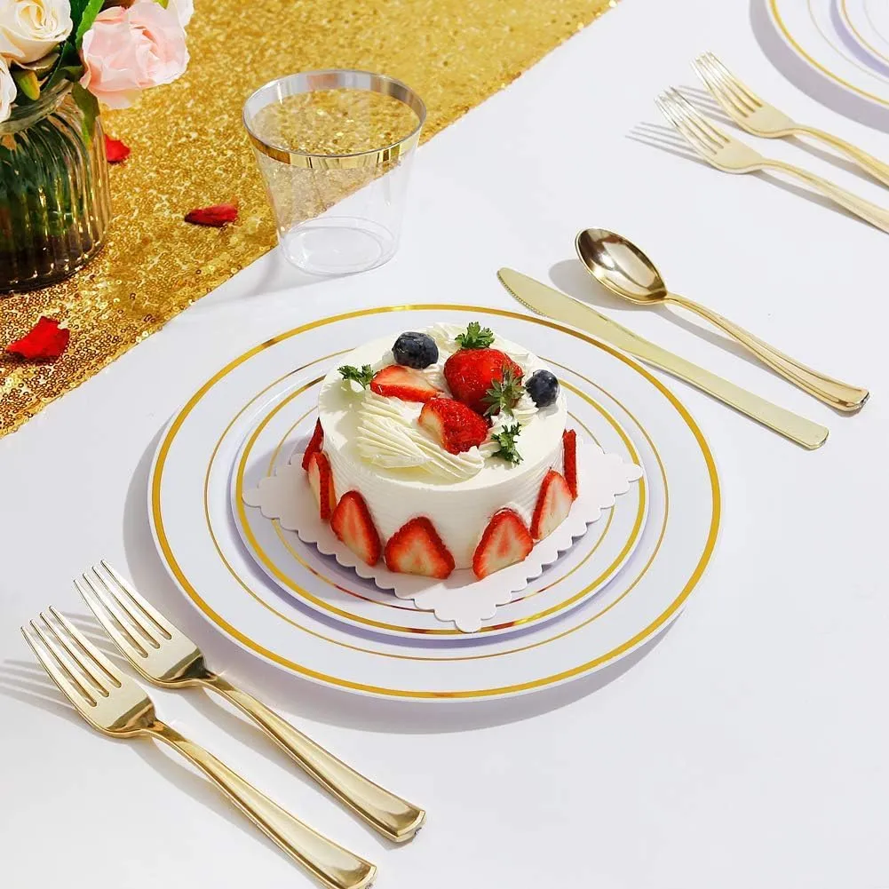 Gold Plates & Plastic Silverware & Gold Cups, Disposable Dinnerware 150 Pieces Includes: 25 Dinner Plates, 25 Dessert Plates, 25 Tumblers, 25 Forks, 25 Knives, 25 Spoons