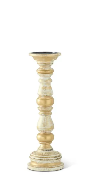 Gold Whitewashed Carved Wood Spindle Candleholders