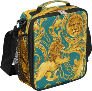 Golden Lion Pattern Lunch Bag With Shoulder Strap and Mesh PocketsStrange Abstraction Reusable Insulated Lunch box Cooler Bag for Women Men Office Outdoor Work Picnic
