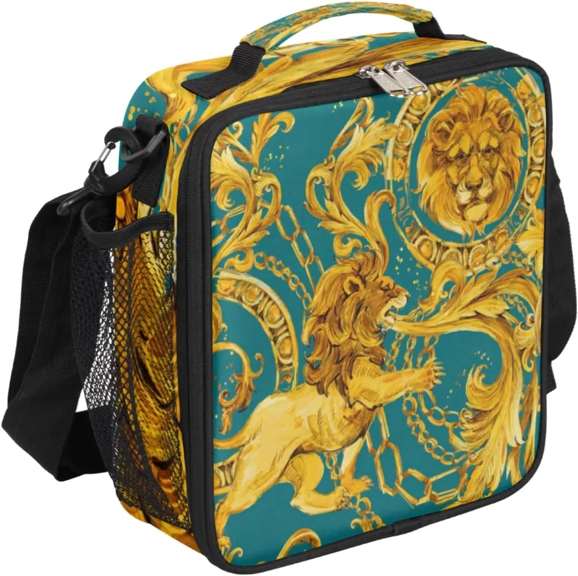 Golden Lion Pattern Lunch Bag With Shoulder Strap and Mesh PocketsStrange Abstraction Reusable Insulated Lunch box Cooler Bag for Women Men Office Outdoor Work Picnic