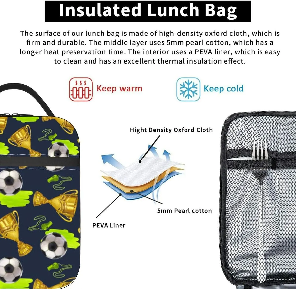 golden winner cup trophy soccer ball whistle victory Hand draw Insulated Iunch Bag for Men Woman Large Portable Waterproof Reusable Thermal Lunch Box with Pockets for Work Travel Picnic