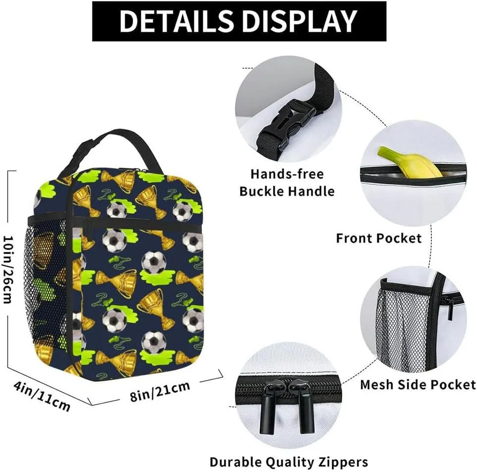 golden winner cup trophy soccer ball whistle victory Hand draw Insulated Iunch Bag for Men Woman Large Portable Waterproof Reusable Thermal Lunch Box with Pockets for Work Travel Picnic