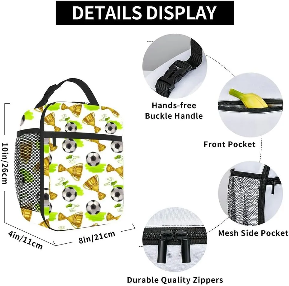 golden winner cup trophy soccer ball whistle victory prize Hand draw Insulated Iunch Bag for Men Woman Large Portable Waterproof Reusable Thermal Lunch Box with Pockets for Work Travel Picnic