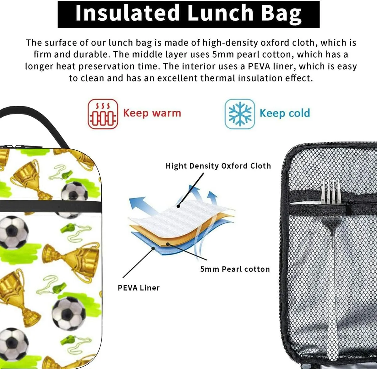 golden winner cup trophy soccer ball whistle victory prize Hand draw Insulated Iunch Bag for Men Woman Large Portable Waterproof Reusable Thermal Lunch Box with Pockets for Work Travel Picnic