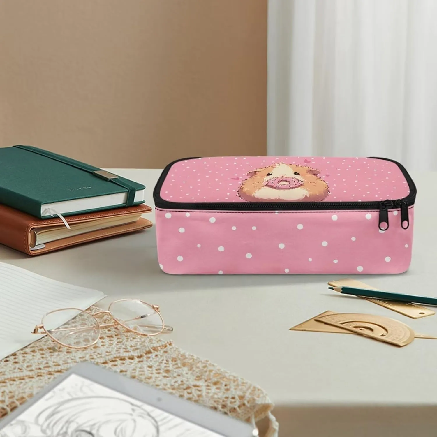 Gomyblomy Guinea Pig Donut Pencil Case Cute Pink Pencil Pouch Pen Bag with Zipper and Pen Slots Large Stationery Holder Box for Elementary School Office Portable Makeup Bag for Travel