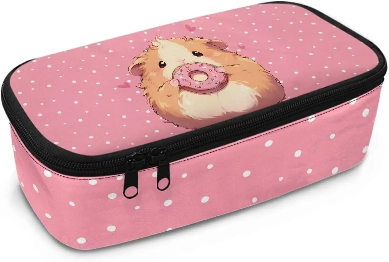 Gomyblomy Guinea Pig Donut Pencil Case Cute Pink Pencil Pouch Pen Bag with Zipper and Pen Slots Large Stationery Holder Box for Elementary School Office Portable Makeup Bag for Travel