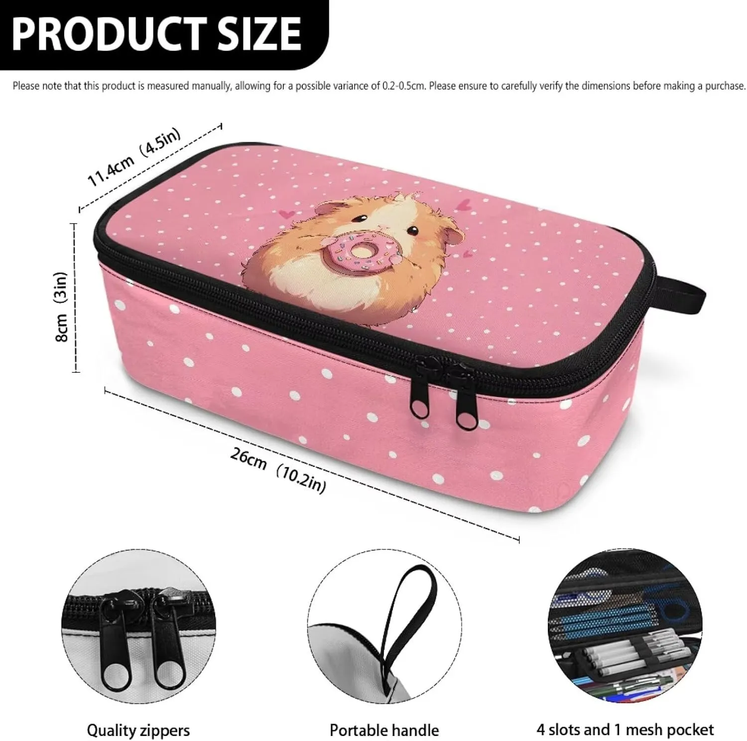Gomyblomy Guinea Pig Donut Pencil Case Cute Pink Pencil Pouch Pen Bag with Zipper and Pen Slots Large Stationery Holder Box for Elementary School Office Portable Makeup Bag for Travel