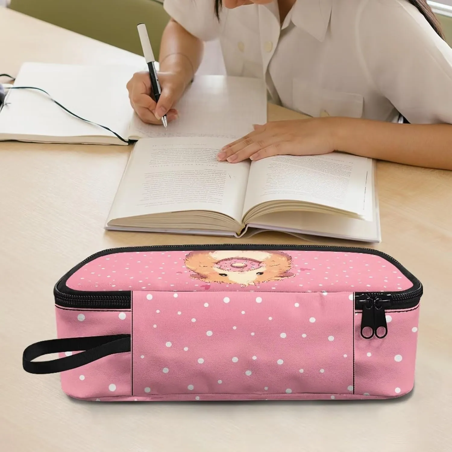 Gomyblomy Guinea Pig Donut Pencil Case Cute Pink Pencil Pouch Pen Bag with Zipper and Pen Slots Large Stationery Holder Box for Elementary School Office Portable Makeup Bag for Travel