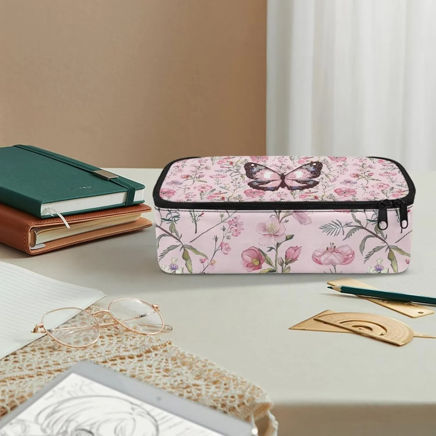 Gomyblomy Pink Floral Butterfly Pencil Case for Girls 4-6 6-8 8-10 Large Capacity Pencil Pouch for Elementary Kindergarten Stationery Pen Holder Storage Bags Travel Make-up Organizer Bags