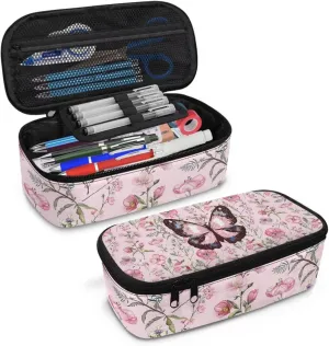 Gomyblomy Pink Floral Butterfly Pencil Case for Girls 4-6 6-8 8-10 Large Capacity Pencil Pouch for Elementary Kindergarten Stationery Pen Holder Storage Bags Travel Make-up Organizer Bags