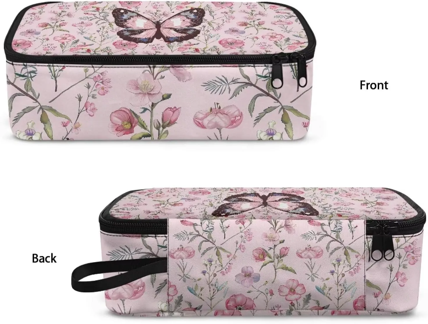 Gomyblomy Pink Floral Butterfly Pencil Case for Girls 4-6 6-8 8-10 Large Capacity Pencil Pouch for Elementary Kindergarten Stationery Pen Holder Storage Bags Travel Make-up Organizer Bags