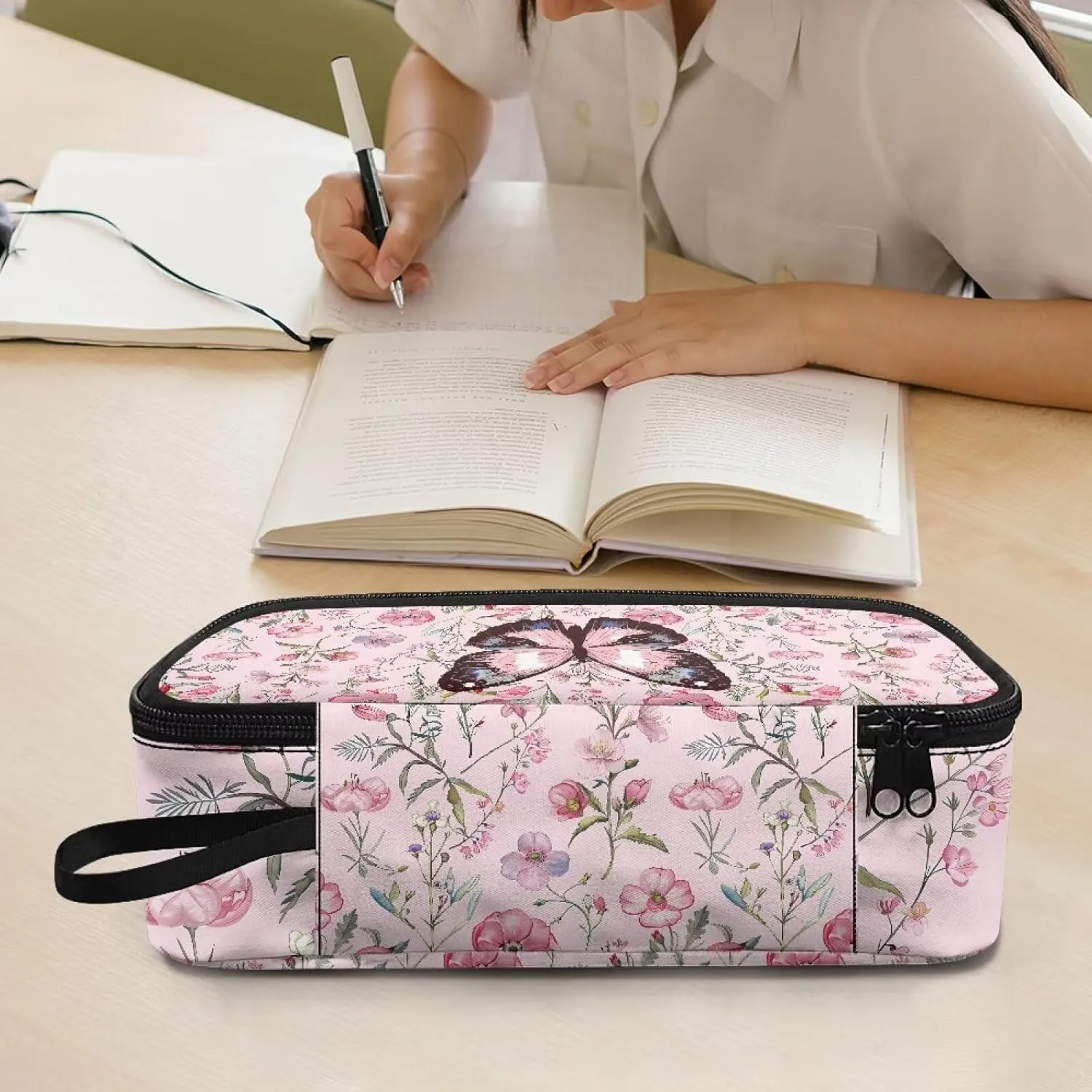 Gomyblomy Pink Floral Butterfly Pencil Case for Girls 4-6 6-8 8-10 Large Capacity Pencil Pouch for Elementary Kindergarten Stationery Pen Holder Storage Bags Travel Make-up Organizer Bags